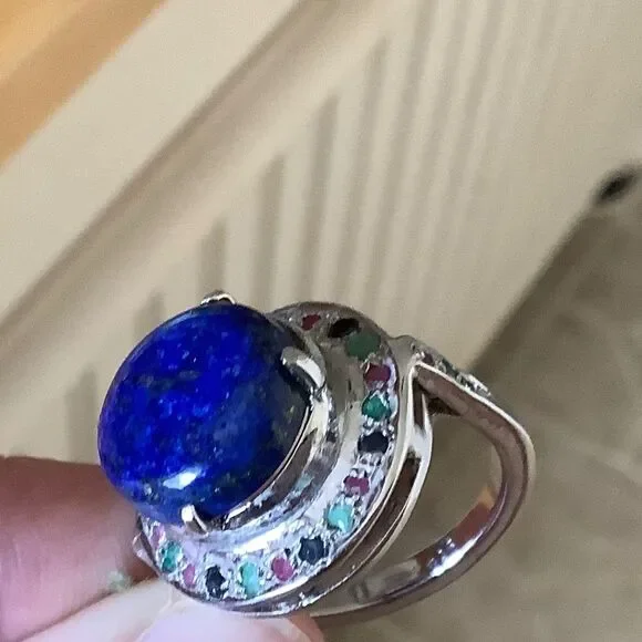 NWOT Sterling SILVER 925 LAPIS SURROUNDED EMERALD RUBY BLUE SAPPHIRE RING SIZ… - Picture 2 of 8